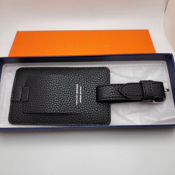 Campo Marzio Designer Pebbled Luxury Leather Luggage Tag- Black - Picture 3 of 7